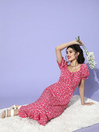Berrylush Fuchsia & White Floral Puff Sleeves Crepe A-Line Midi Dress