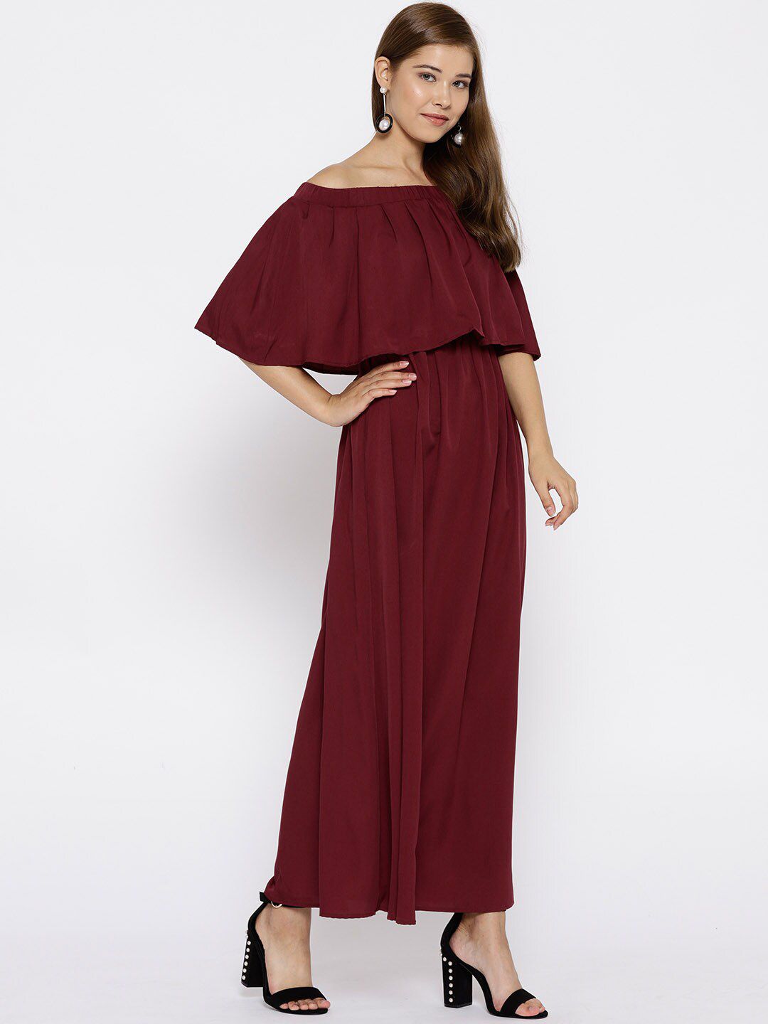 Berrylush Maroon Off-Shoulder Crepe Maxi Dress