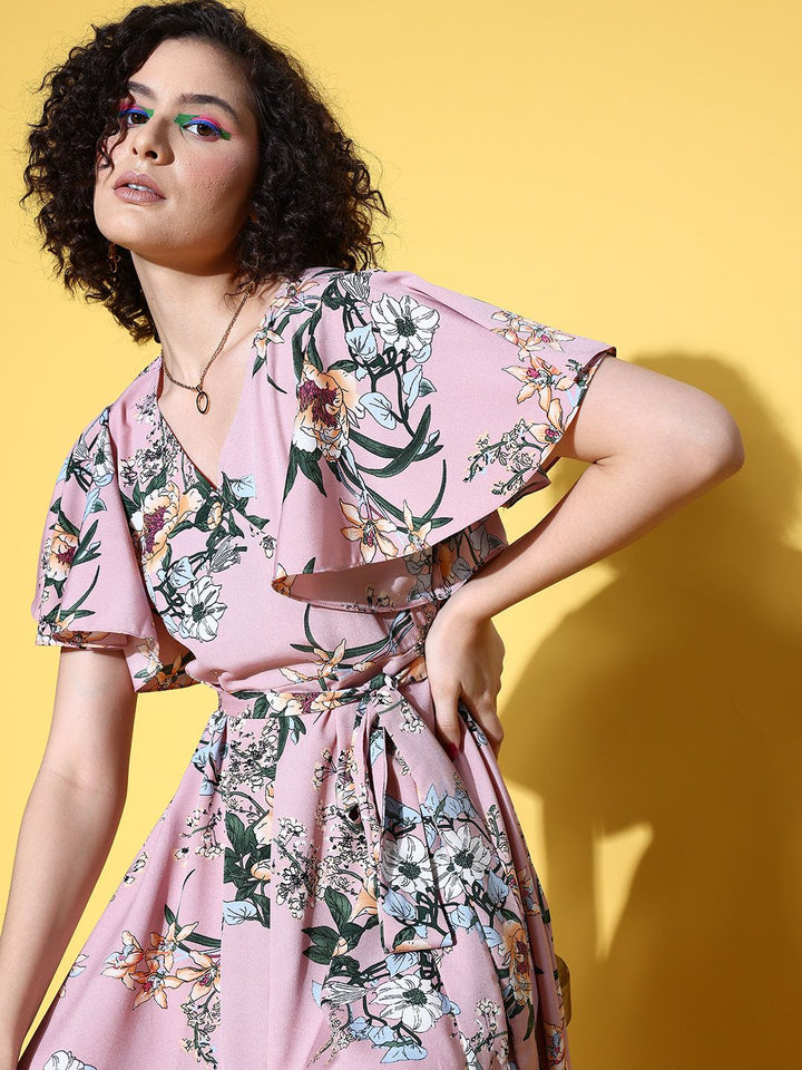 Berrylush Women Pretty Pink Floral Twist & Knot Dress