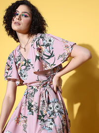 Berrylush Women Pretty Pink Floral Twist & Knot Dress