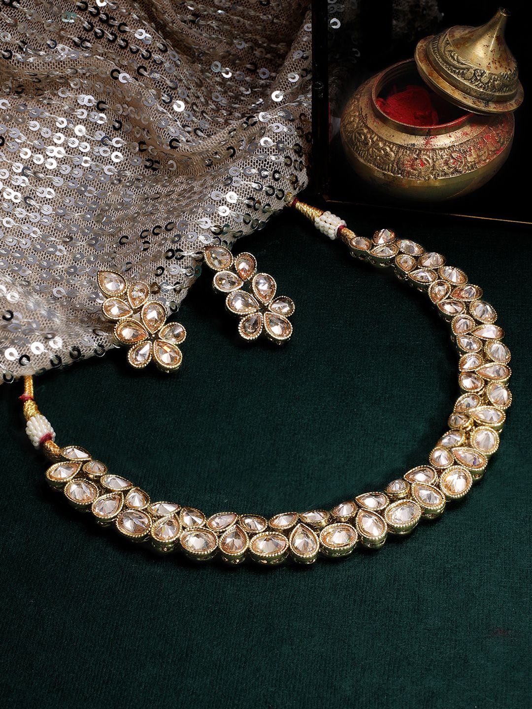 Rubans 22K Gold-Plated Kundan Stone Studded Necklace Set with Teardrop Shaped Earrings