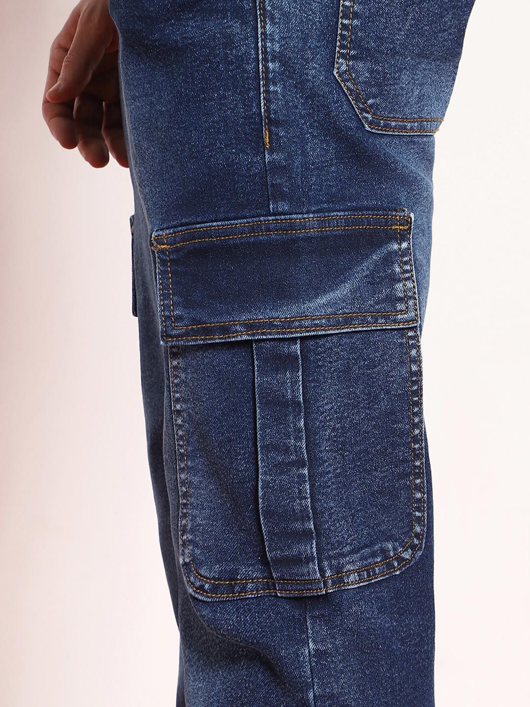 Urbano Fashion Men Dark Blue Regular Fit Washed Cargo Jeans With 6 Pockets Stretchable