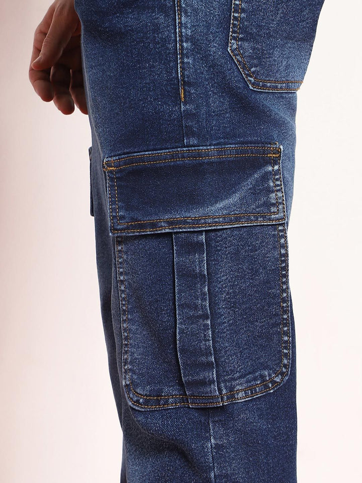 Urbano Fashion Men Dark Blue Regular Fit Washed Cargo Jeans With 6 Pockets Stretchable
