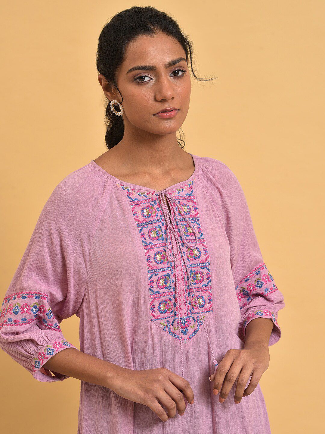 W Pure Cotton Print Tie-Up Neck Top