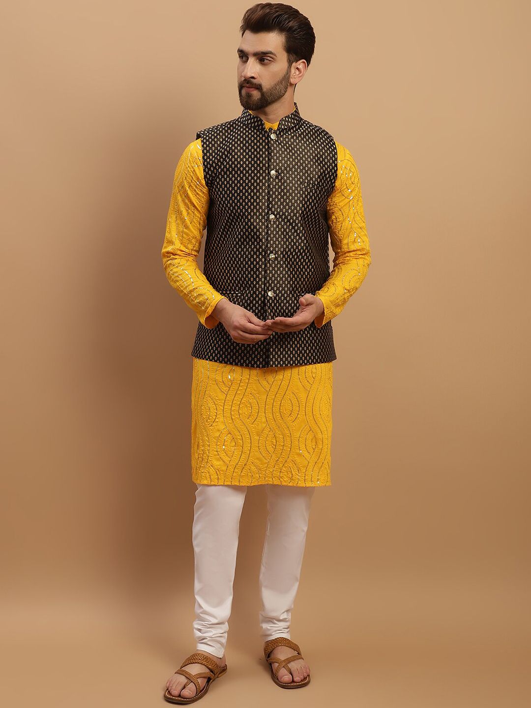 SOJANYA Embeoidered Sequinned Pure Cotton Kurta with Churidar & Woven Design Nehru Jacket
