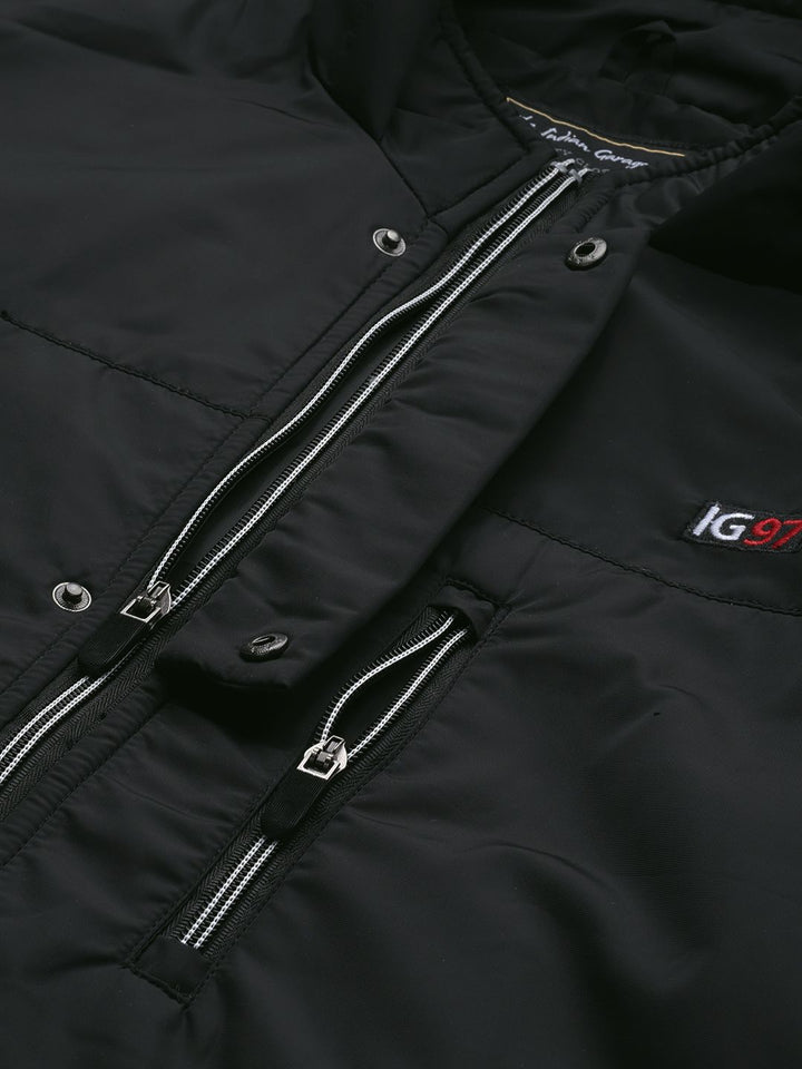 The Indian Garage Co Men Black Hooded Sporty Jacket