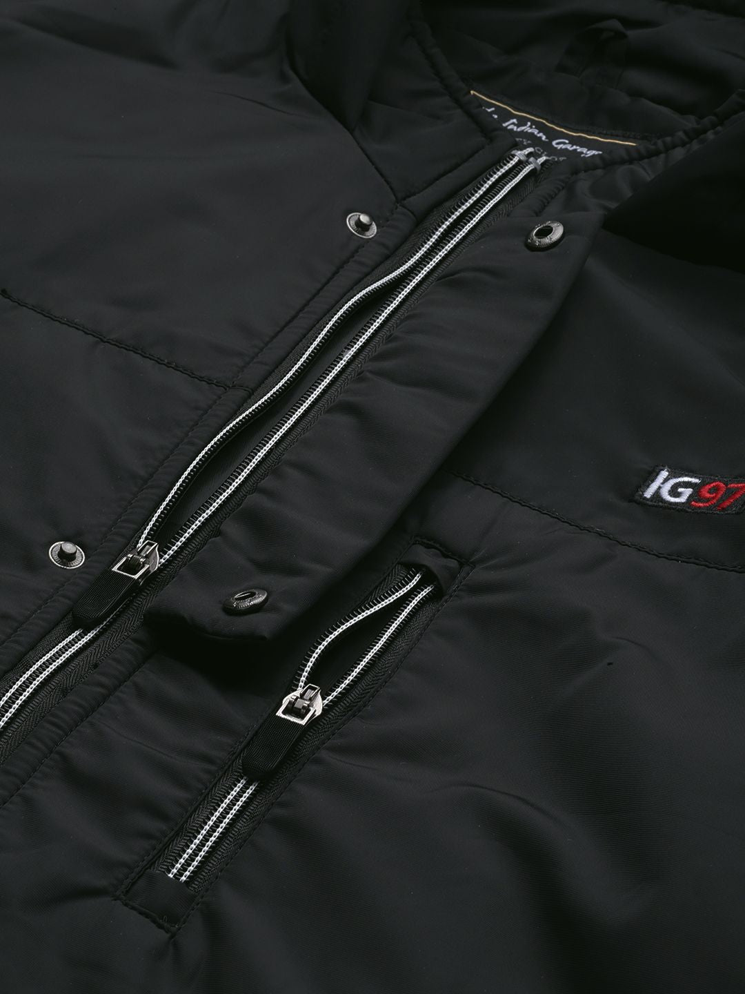 The Indian Garage Co Men Black Hooded Sporty Jacket