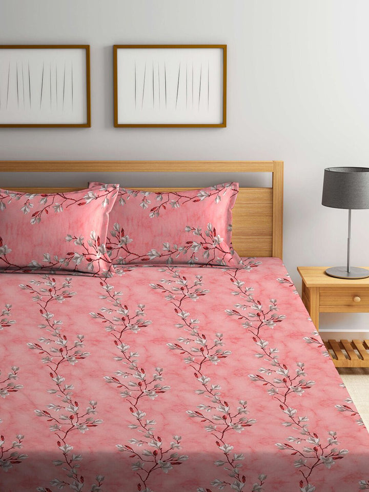 KLOTTHE Blue & White Floral Printed Pure Cotton 400 TC King Bedsheet With 2 Pillow Covers