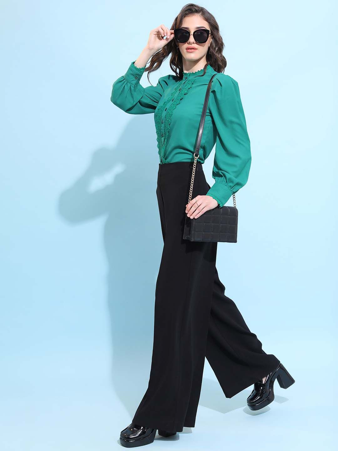 Tokyo Talkies Green Self Design High Neck Lace Inserts Shirt Stye Top