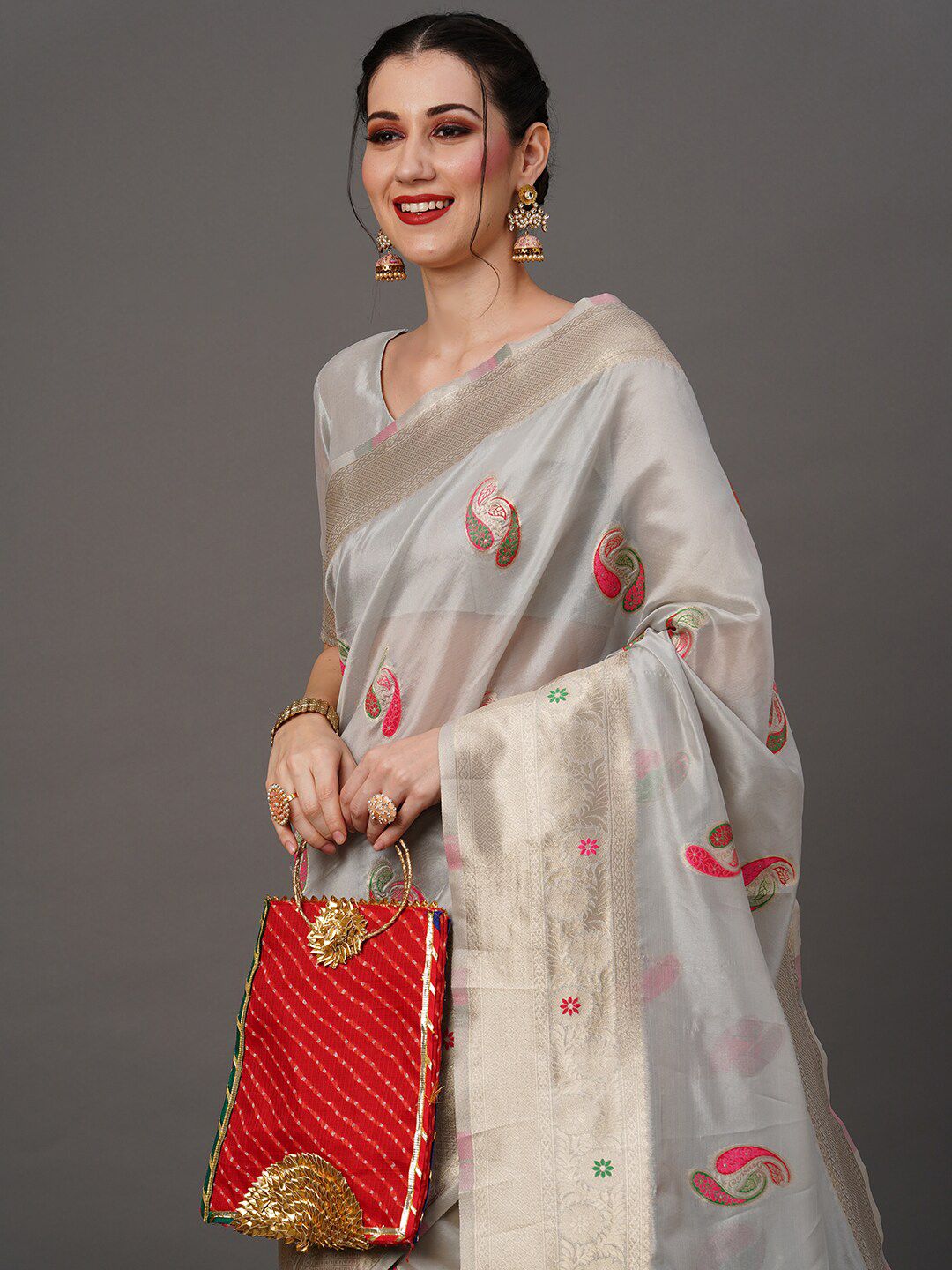 Saree mall Grey & Pink Paisley Woven Design Zari Organza Banarasi Sarees