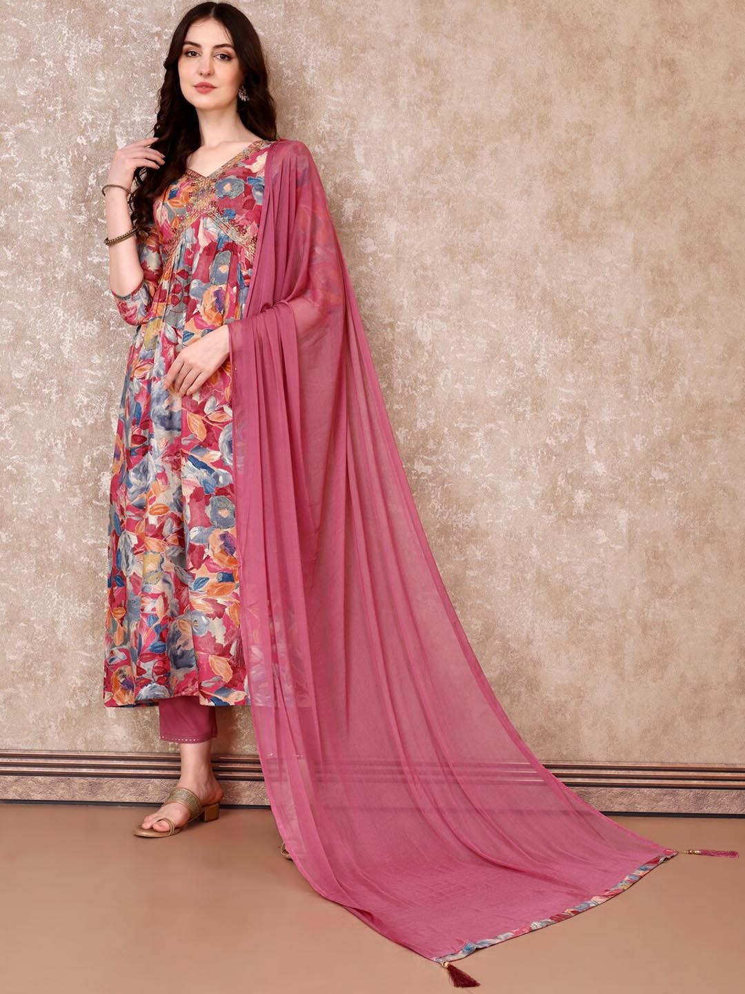 KALINI Floral Printed Regular Thread Work Anarkali Kurta With Trousers & Dupatta