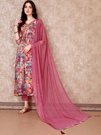 KALINI Floral Printed Regular Thread Work Anarkali Kurta With Trousers & Dupatta