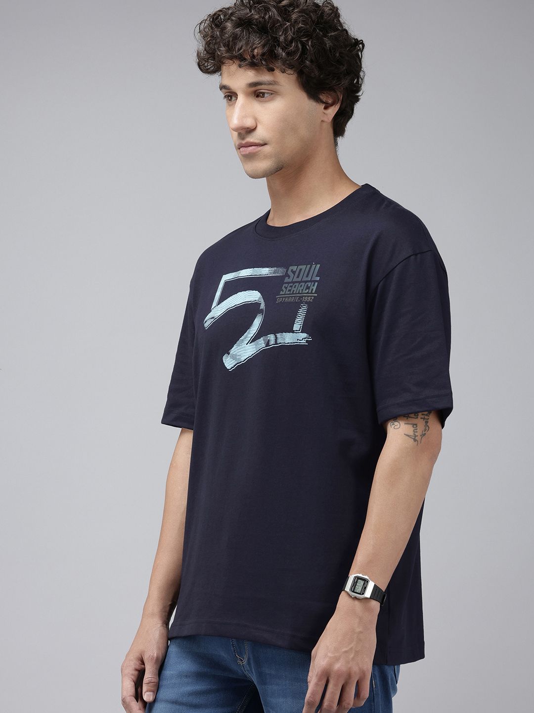 SPYKAR Brand Logo Printed Drop-Shoulder Sleeves Oversized T-shirt