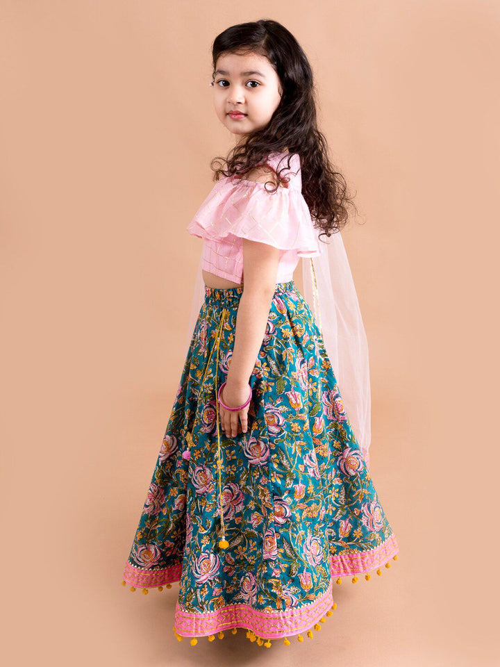 pspeaches Girls Blue & Pink Ready to Wear Lehenga & Blouse With Dupatta