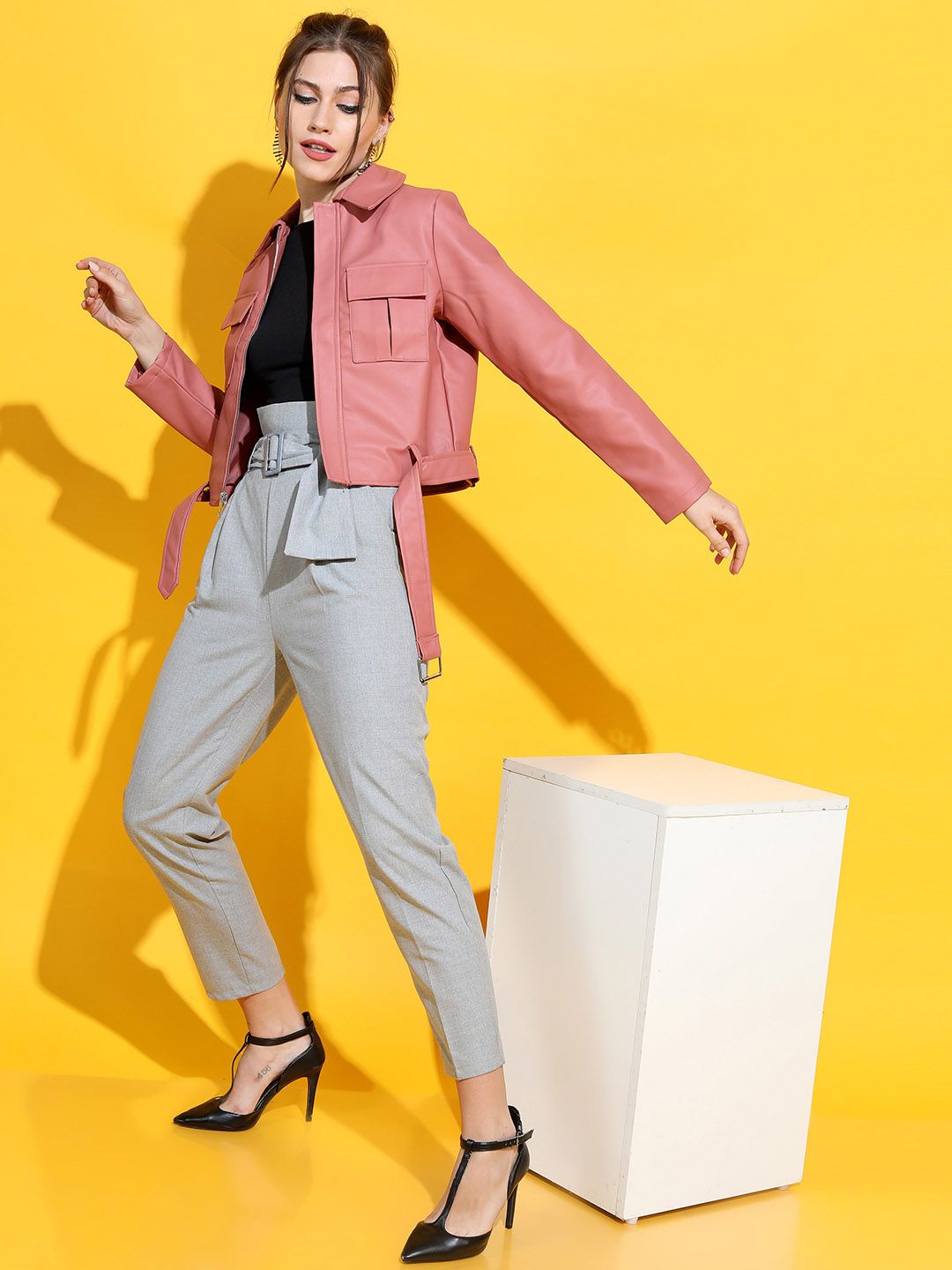 Tokyo Talkies Women Rose Leather Crop Tailored Jacket