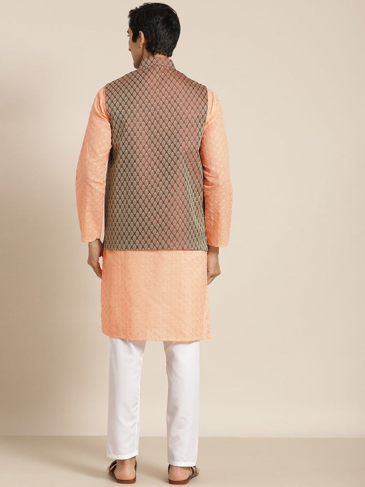 SOJANYA Men Peach-Coloured Chikankari Pure Cotton Kurta with Churidar & Nehru Jacket