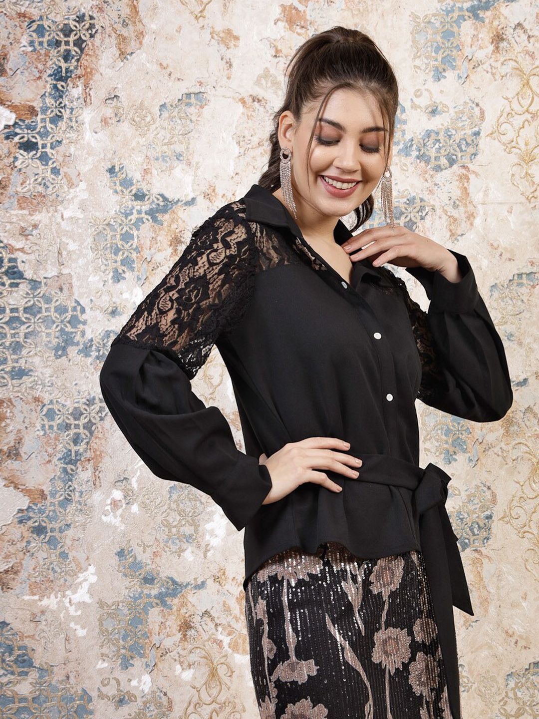 Athena Black Cuffed Sleeves Lace Inserts Shirt Style Top