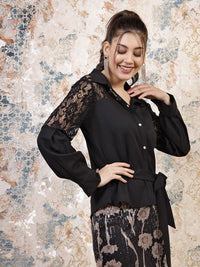 Athena Black Cuffed Sleeves Lace Inserts Shirt Style Top