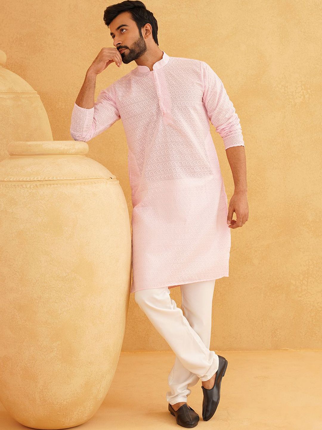 SOJANYA Geometric Embroidered Regular Pure Cotton Straight Kurta With Churidar