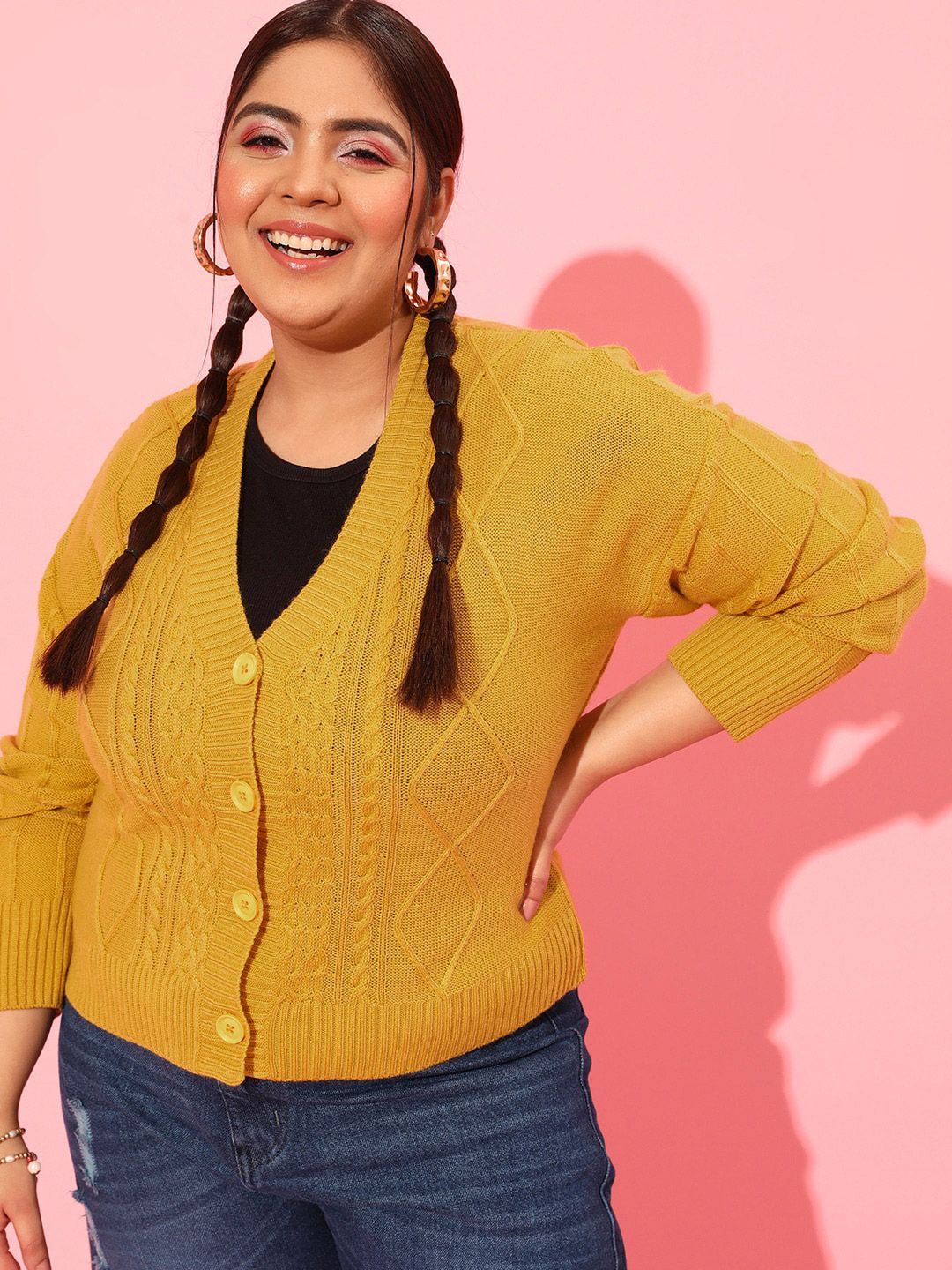 CURVY STREET Plus Size Women Yellow Cable Knit Acrylic Cardigan