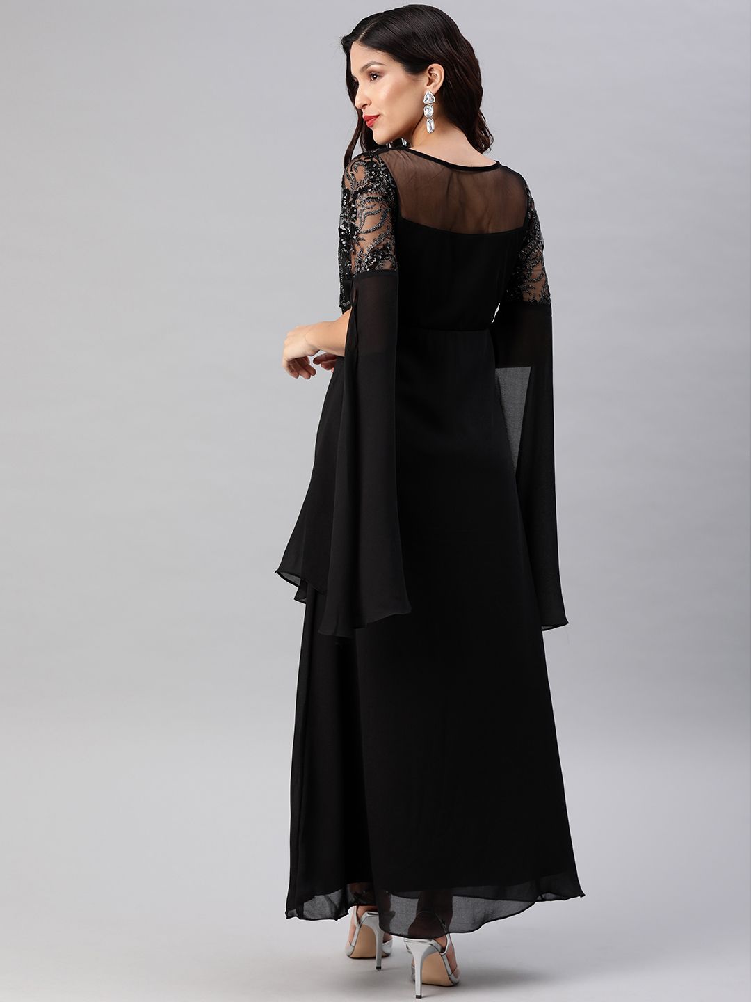 Athena Black Embellished Slit Sleeves Maxi Dress