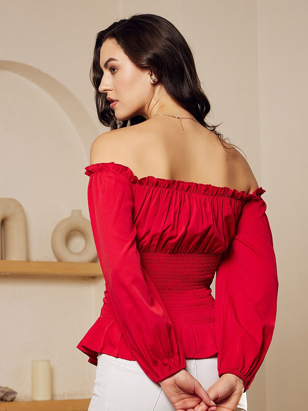 Berrylush Red Off-Shoulder Puff Sleeves Tie Ups Detail Bardot Crop Top