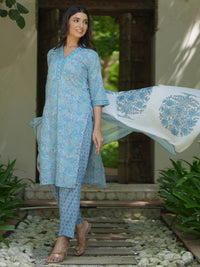 Libas Blue & White Floral Printed V-Neck Pure Cotton Kurta with Trousers & Dupatta