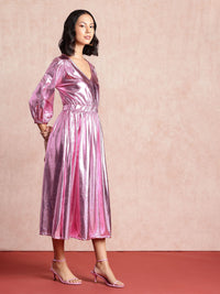 all about you Sheen Puff Sleeve Fit & Flare Midi Dress