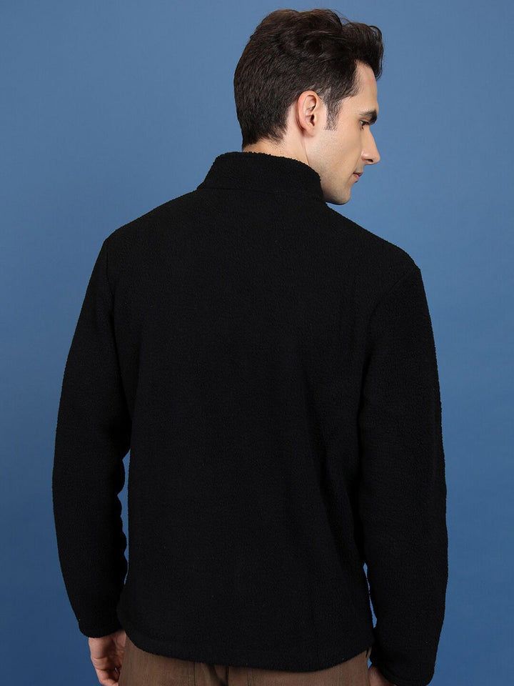 HIGHLANDER Black High Neck Long Sleeves Front-Open Sweatshirt