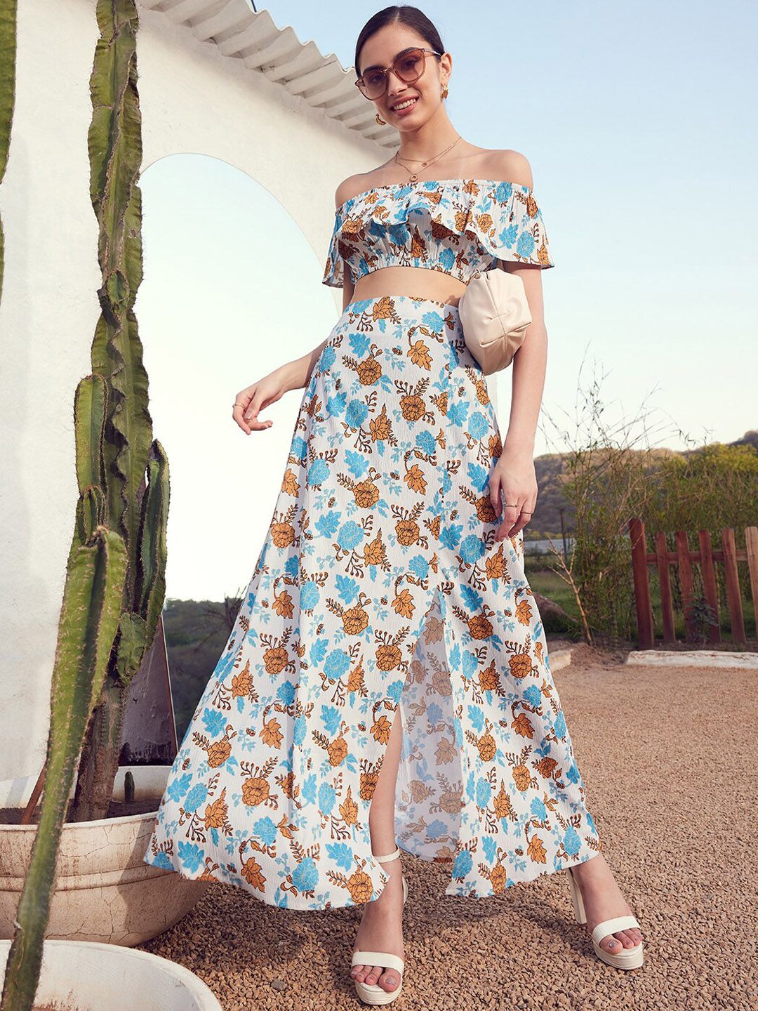 STREET 9 Floral Printed Off-Shoulder Crop Top with Skirt Co-Ords