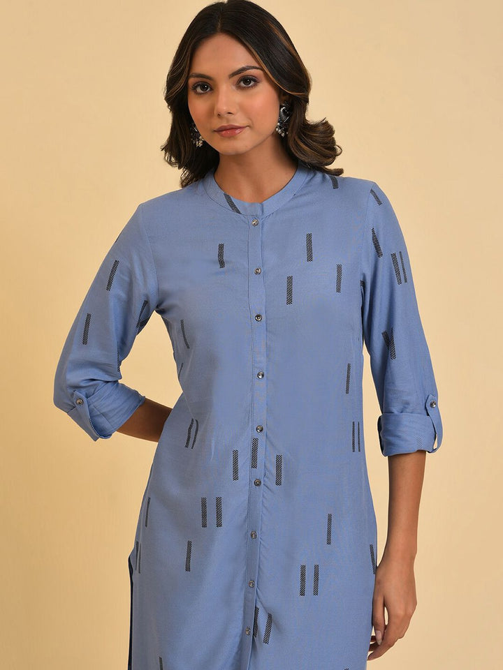 W Blue & Black Mandarin Collar Geometric Printed Kurta with Trousers