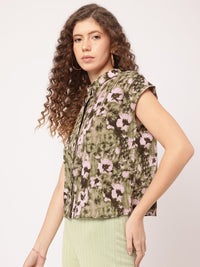 DressBerry Cozy Couture Printed Band Collar Shirt Style Top