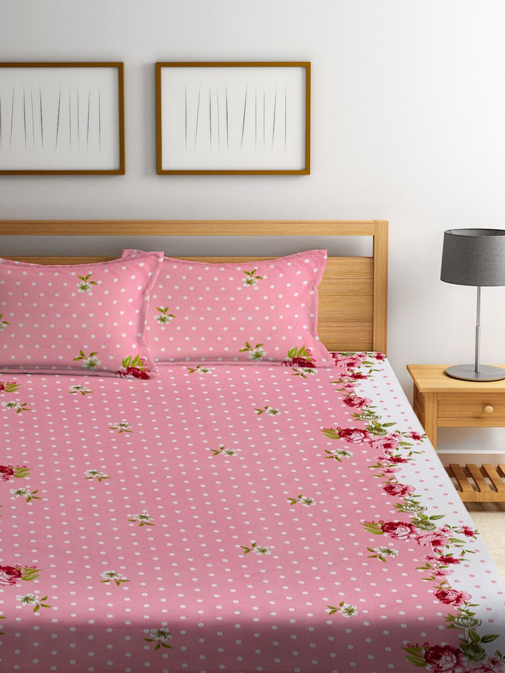 KLOTTHE Floral Print 300 TC Fitted Double King Bedsheet with 2 Pillow Covers