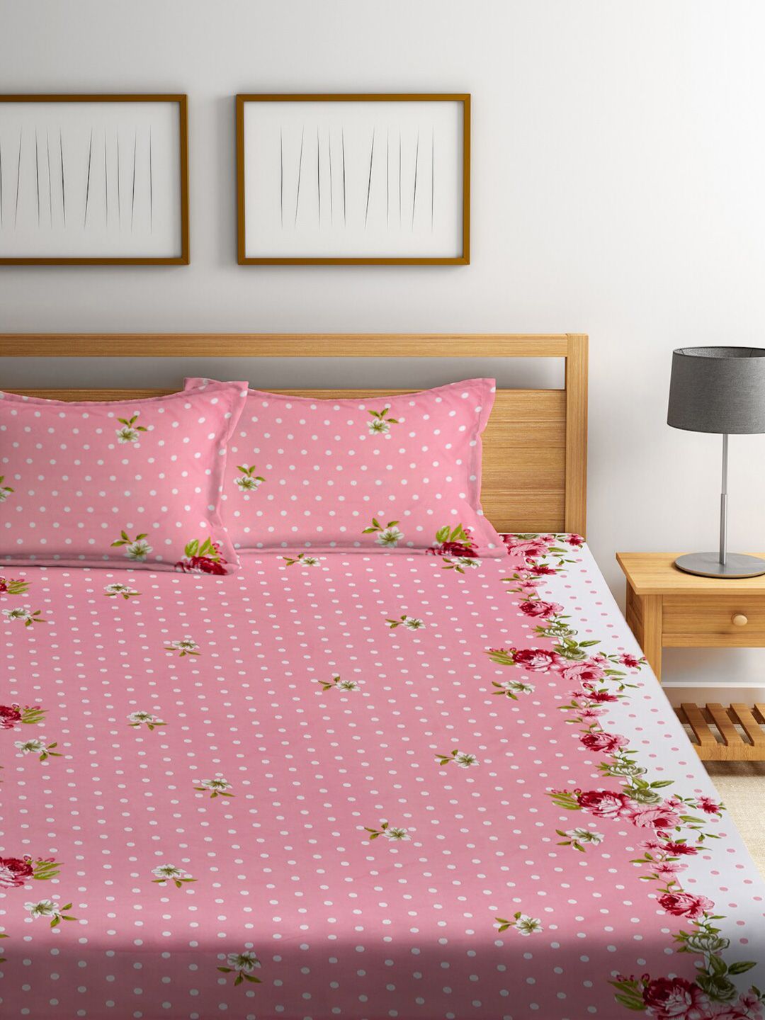 KLOTTHE Floral Print 300 TC Fitted Double King Bedsheet with 2 Pillow Covers