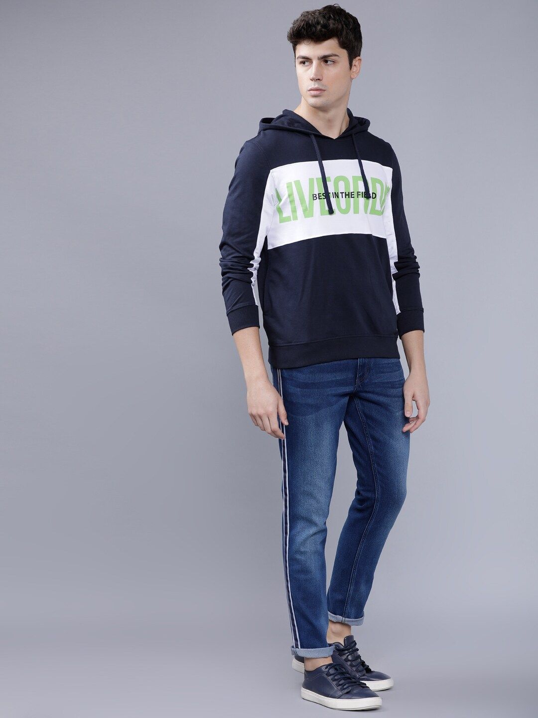 The Indian Garage Co Men Navy Blue & White Printed Hooded Sweatshirt