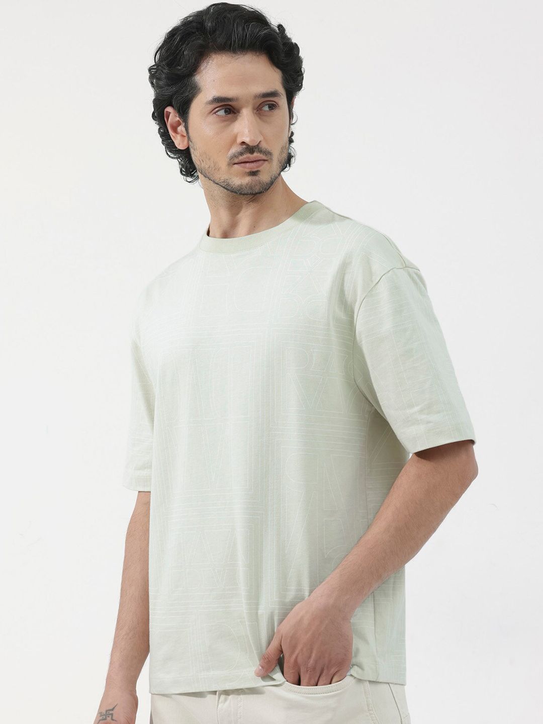 RARE RABBIT Men Hagrid Oversized Round Neck Cotton T-Shirt