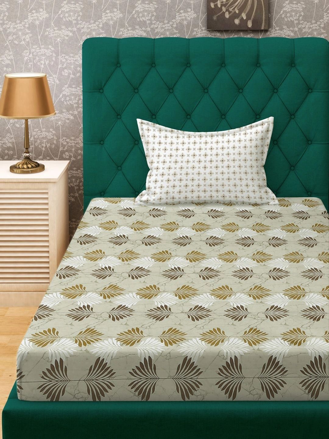 Myntra Elegant Homes Olive Green Floral 400 TC Single Bedsheet with 1 Pillow Covers