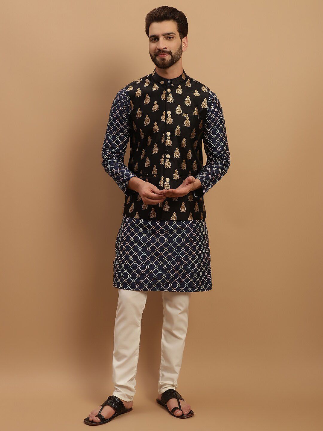 SOJANYA Ethnic Motifs Embroidered Kurta with Churidar & Nehru Jacket