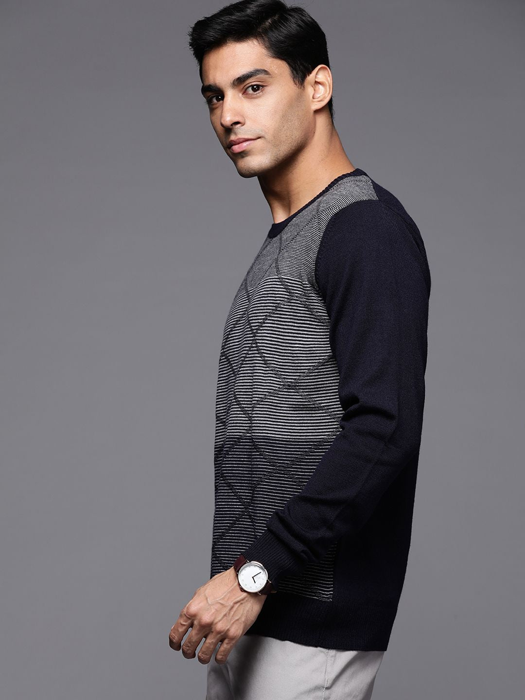Raymond Men Navy Blue & Grey Striped Sweater