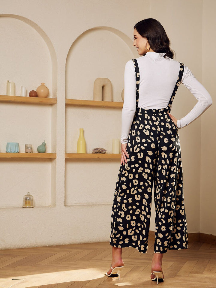 Berrylush Women Black Animal Printed Trousers with Suspenders