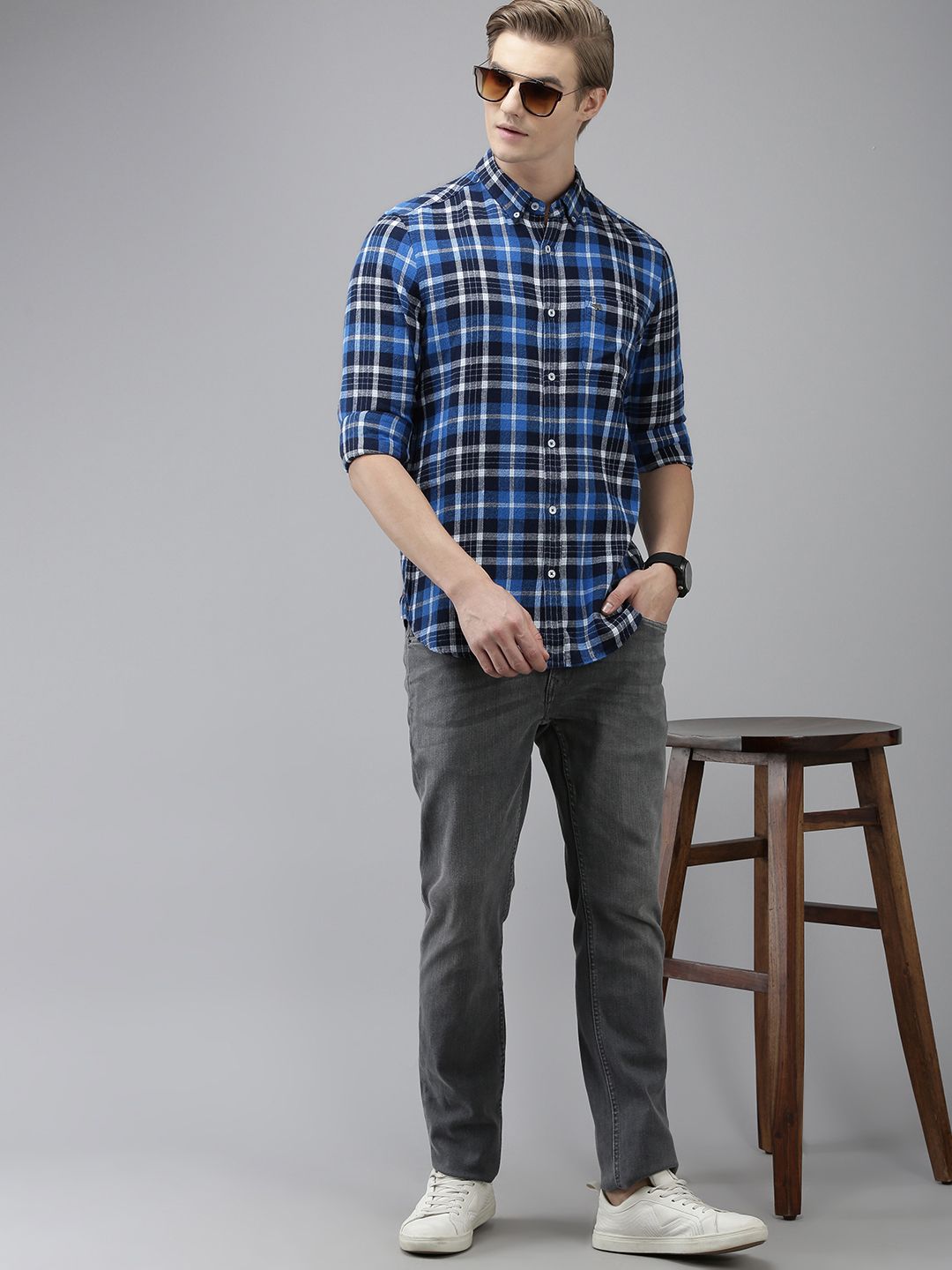 THE BEAR HOUSE Men Blue Slim Fit Opaque Checked Casual Shirt