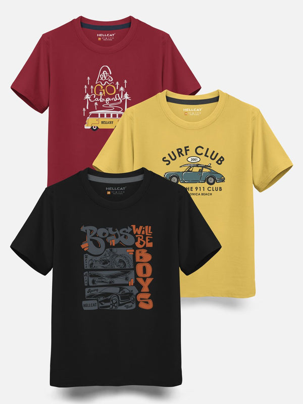 HELLCAT Boys Pack Of 3 Printed Cotton T-shirt