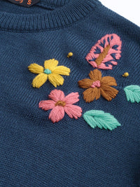 DressBerry Women Navy Blue Embroidered Pullover Sweater