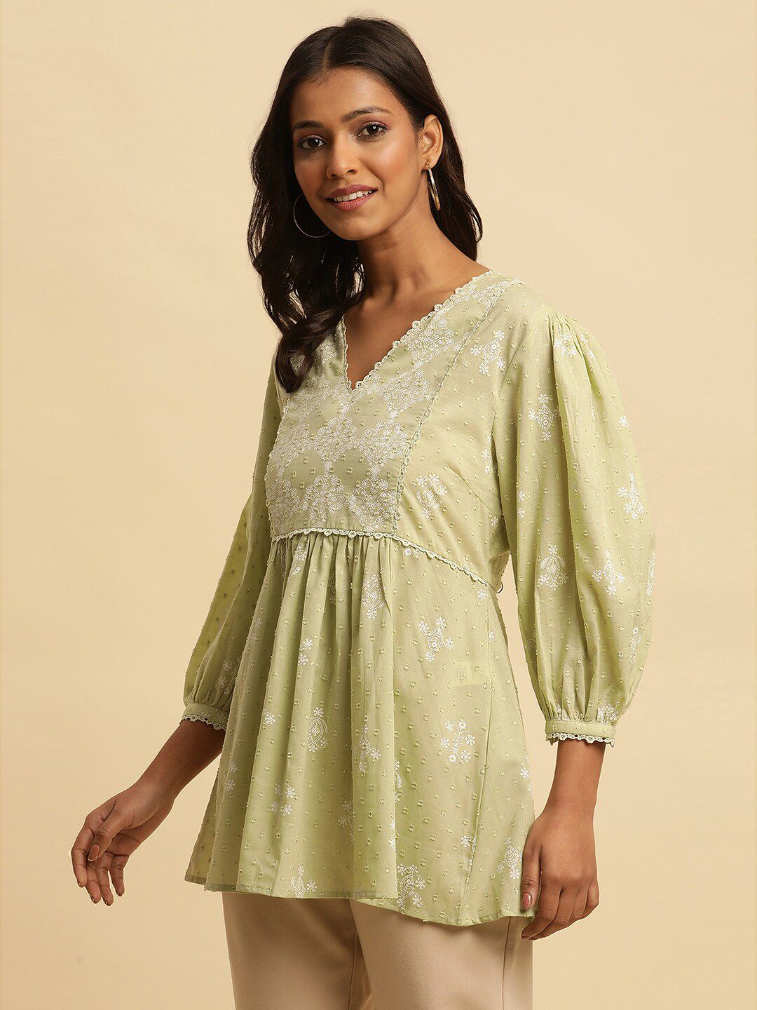 W Green & White Floral Printed Puff Sleeve Pure Cotton A-Line Top