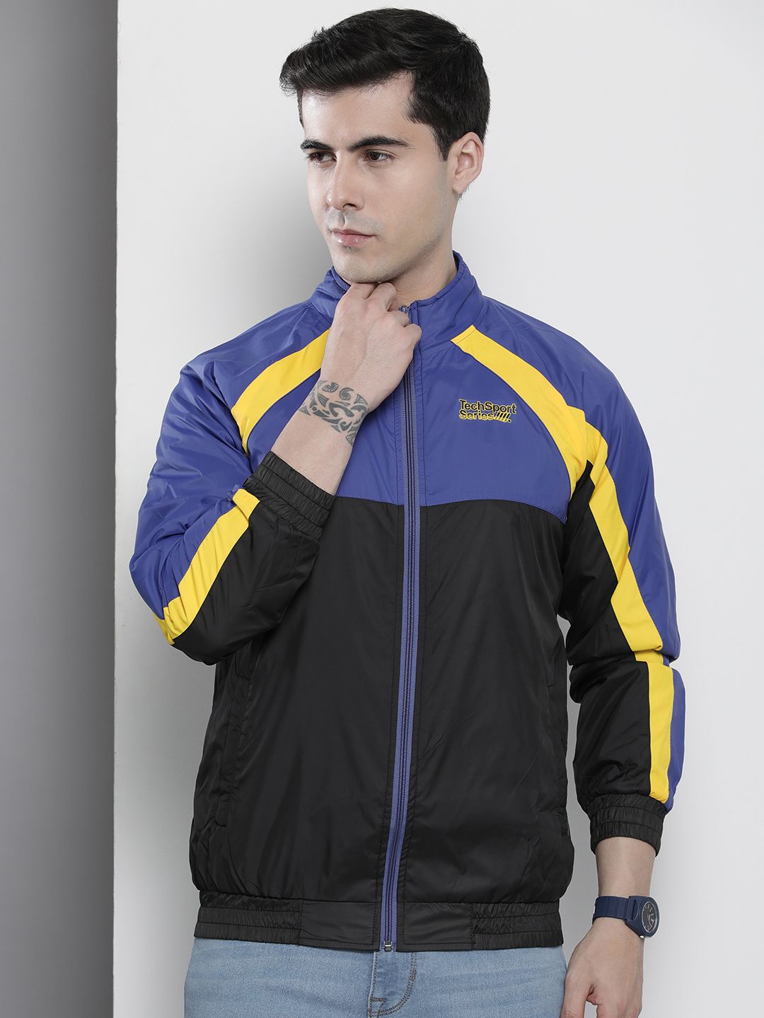 The Indian Garage Co Men Black & Blue Colourblocked Windcheater Bomber Jacket