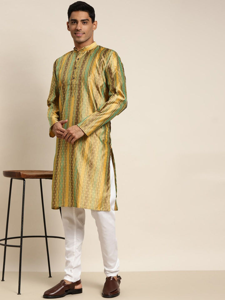 SOJANYA Lelaki Mustard Yellow & Brown Floral Thread Work Kurta