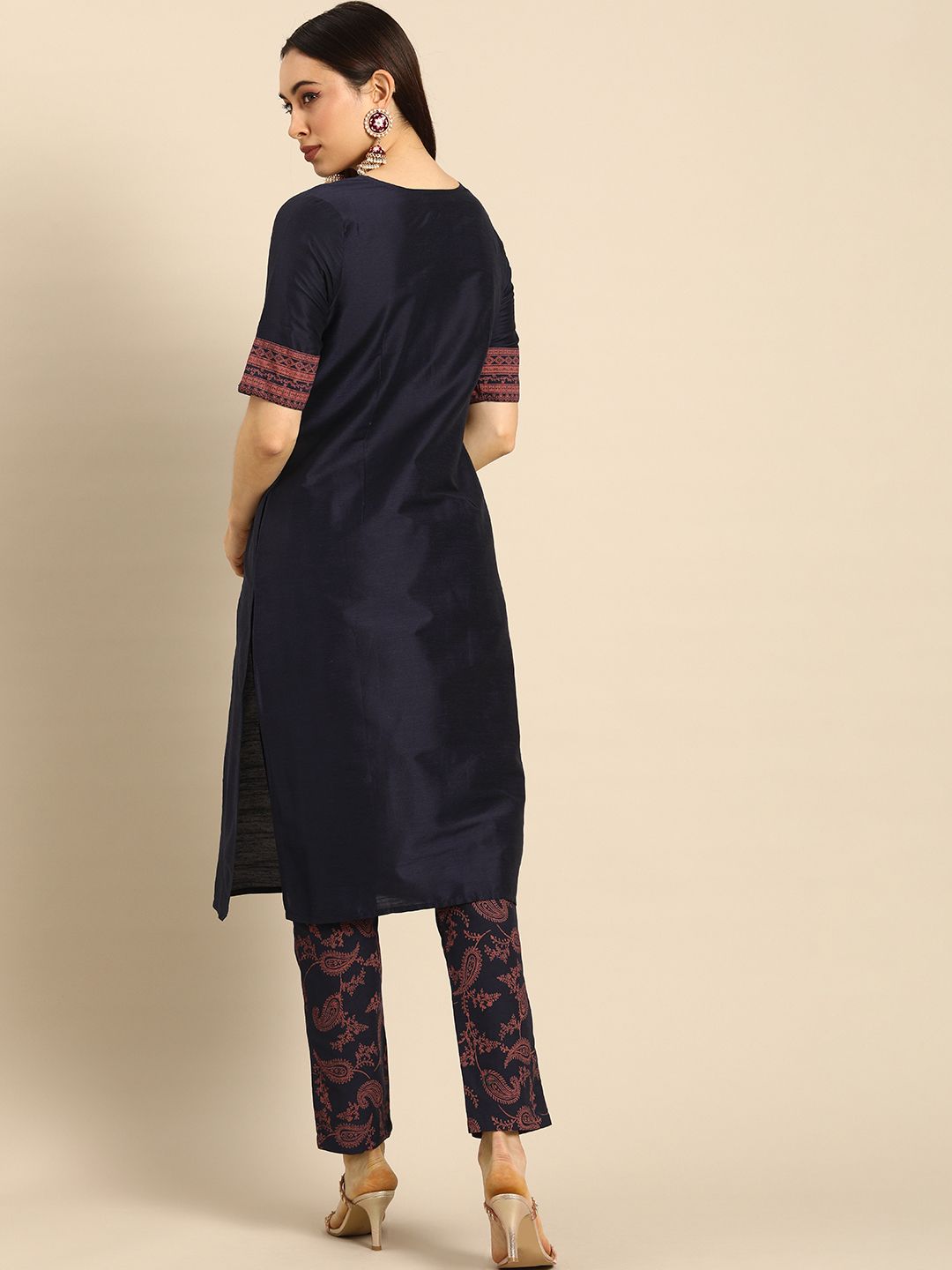all about you Women Navy Blue Ethnic Motifs Printed Regular Kurta with Printed Trousers
