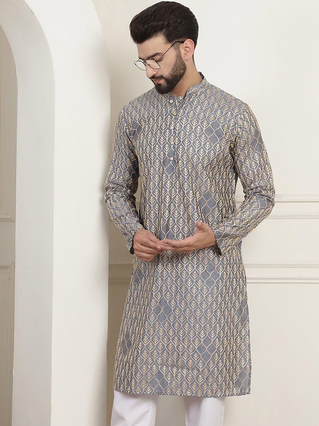 SOJANYA Kolar Mandarin Sulam Bunga Pure Cotton Kurta Lurus