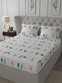 URBAN SPACE White & Blue 144 TC Cotton Queen Bedsheet with 2 Pillow Covers