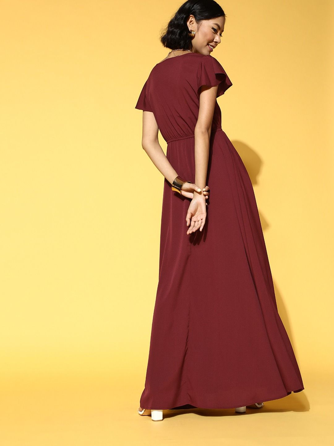 Berrylush Maroon Crepe Maxi Dress